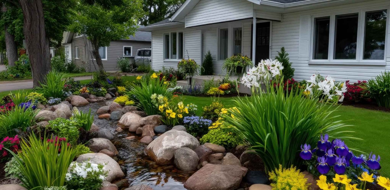 Beautiful residential landscape design with natural rock water feature and colorful flowers in Davis, CA